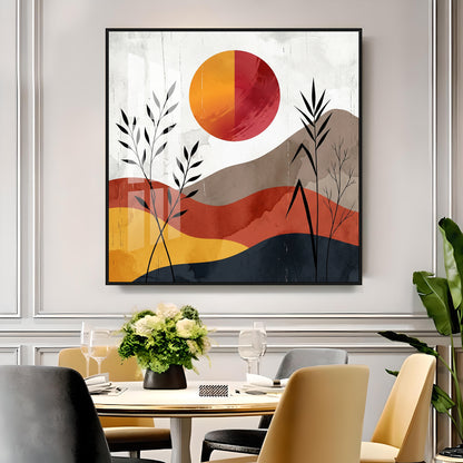 Earth-Toned Hills & Split-Color Sun Premium Acrylic Square Wall Art