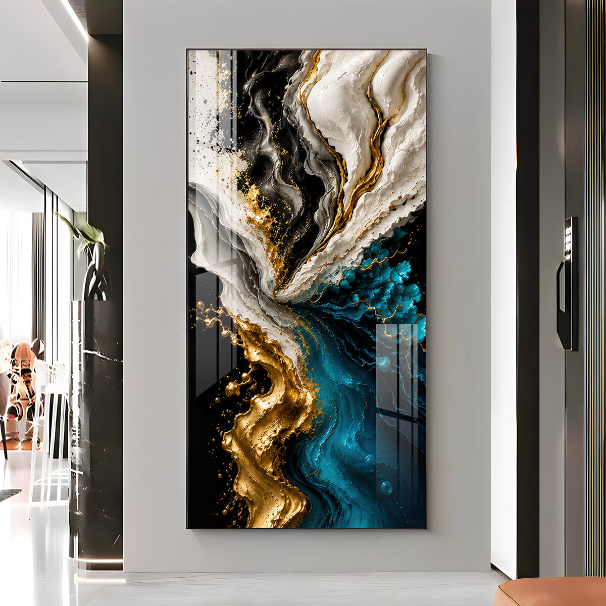 Abstract Fluid Liquid Marble & Gold Splash Premium Acrylic Vertical Wall Art
