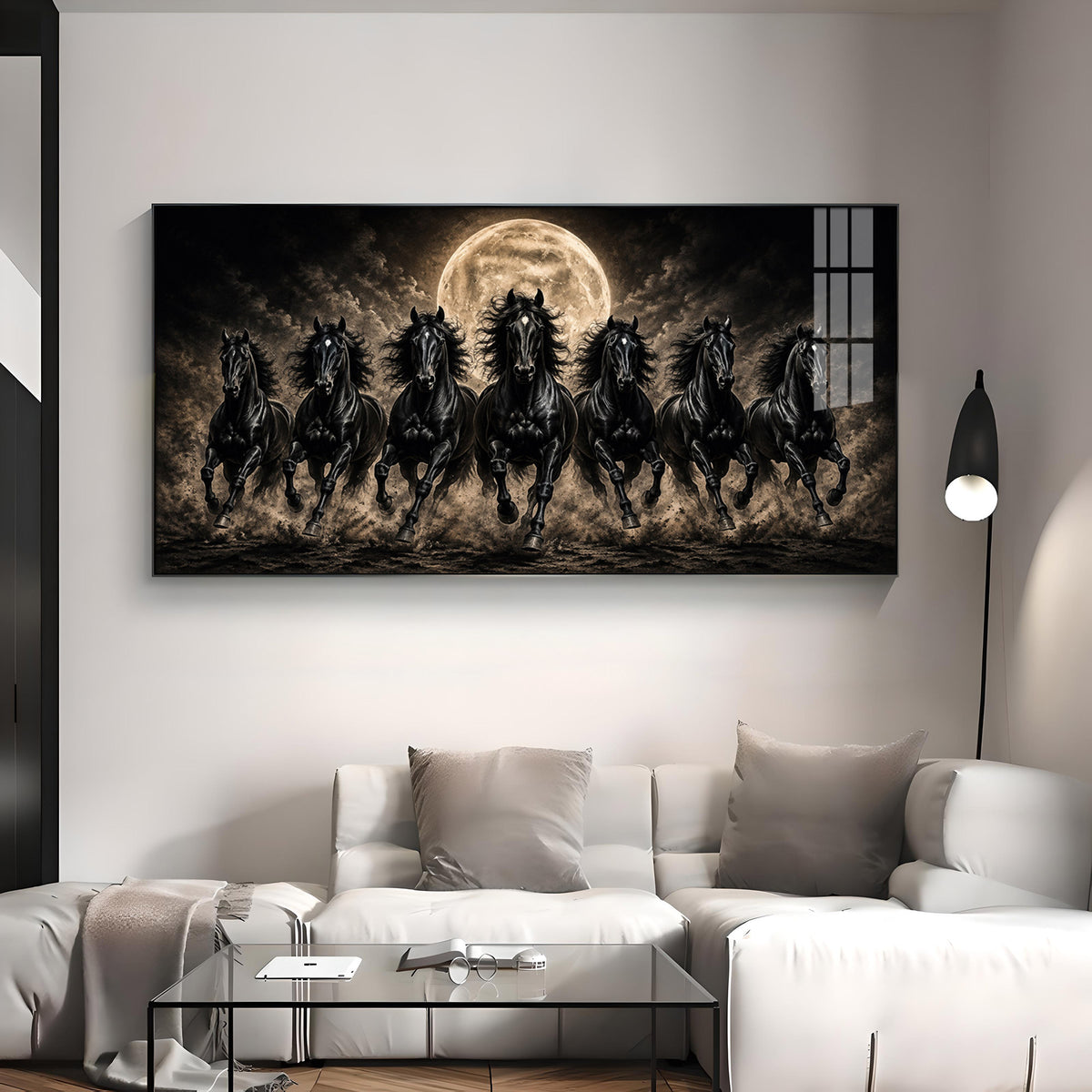 Seven Black Horses Full Moon Premium Acrylic Horizontal Wall Art