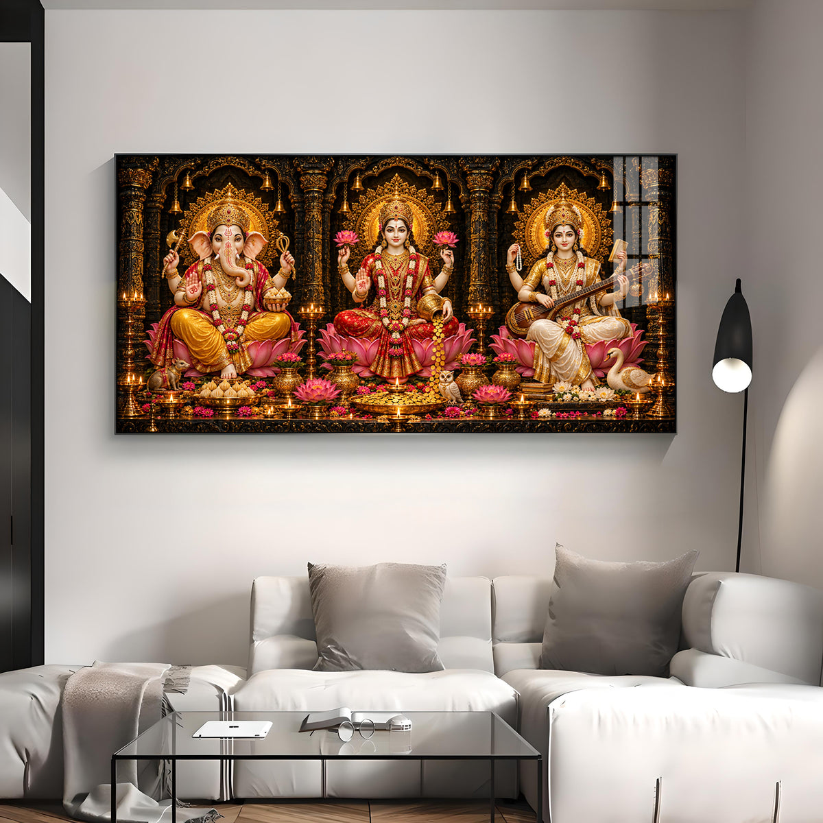 Maa Lakshmi, Saraswati & Ganesha Ji Premium Acrylic Horizontal Wall Art