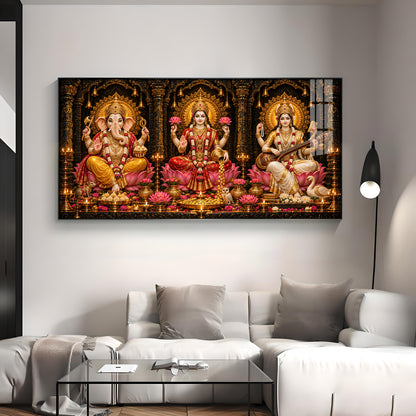 Maa Lakshmi, Saraswati & Ganesha Ji Premium Acrylic Horizontal Wall Art