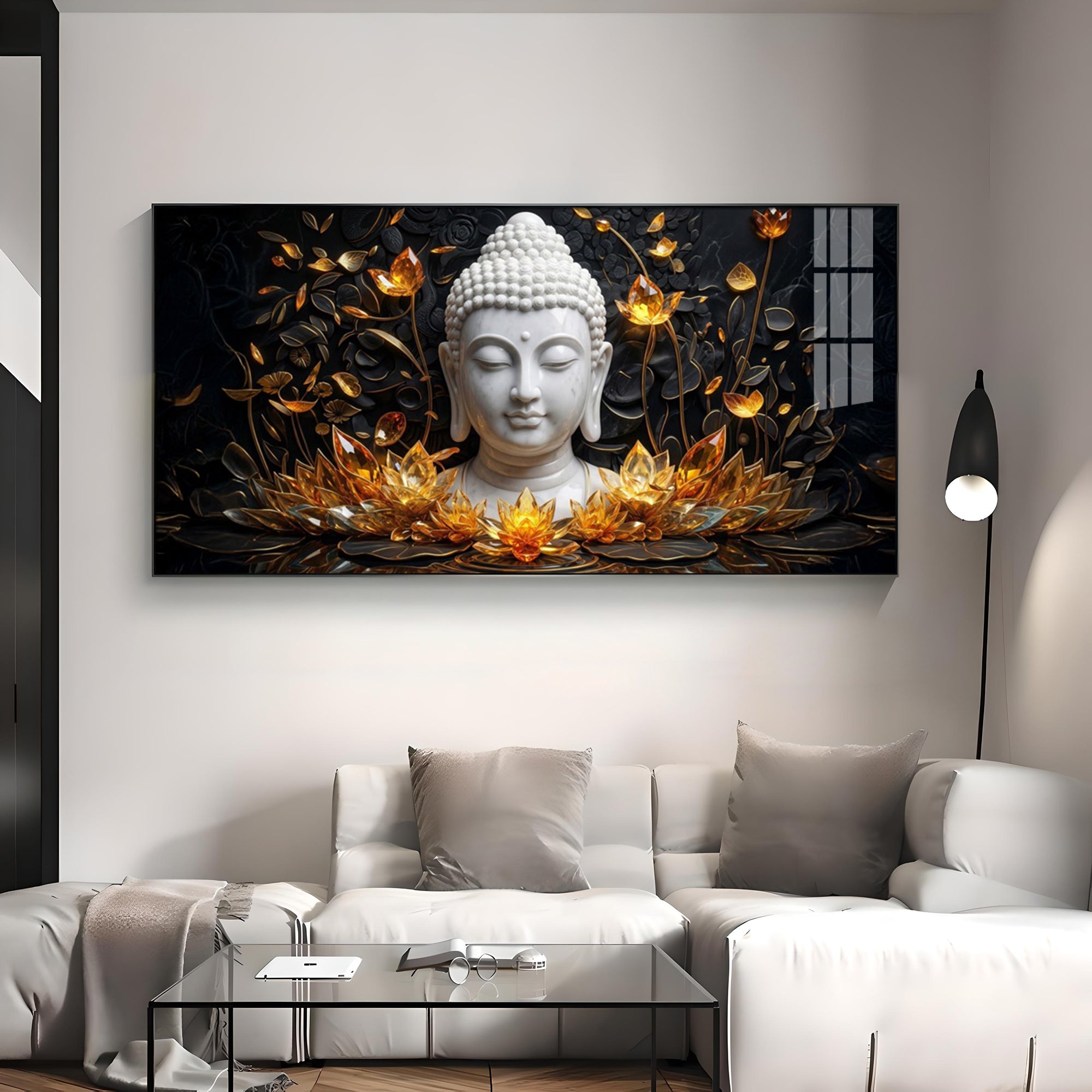 Gold Flower Meditating Buddha Premium Acrylic Horizontal Wall Art