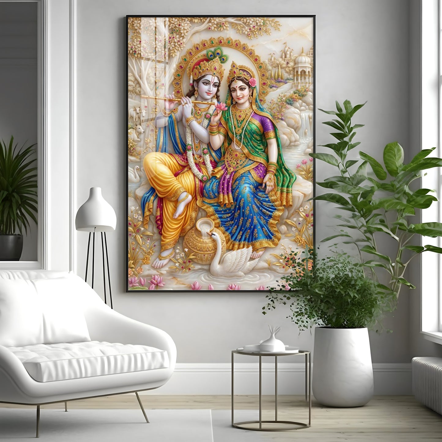 Radha Krishna With Swan Premium Acrylic Vertical Wall Art