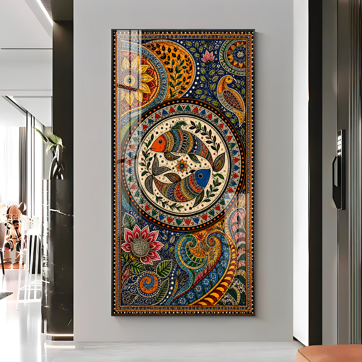 Traditional Folk Art Dual Fish & Floral Mandala Premium Acrylic Vertical Wall Art