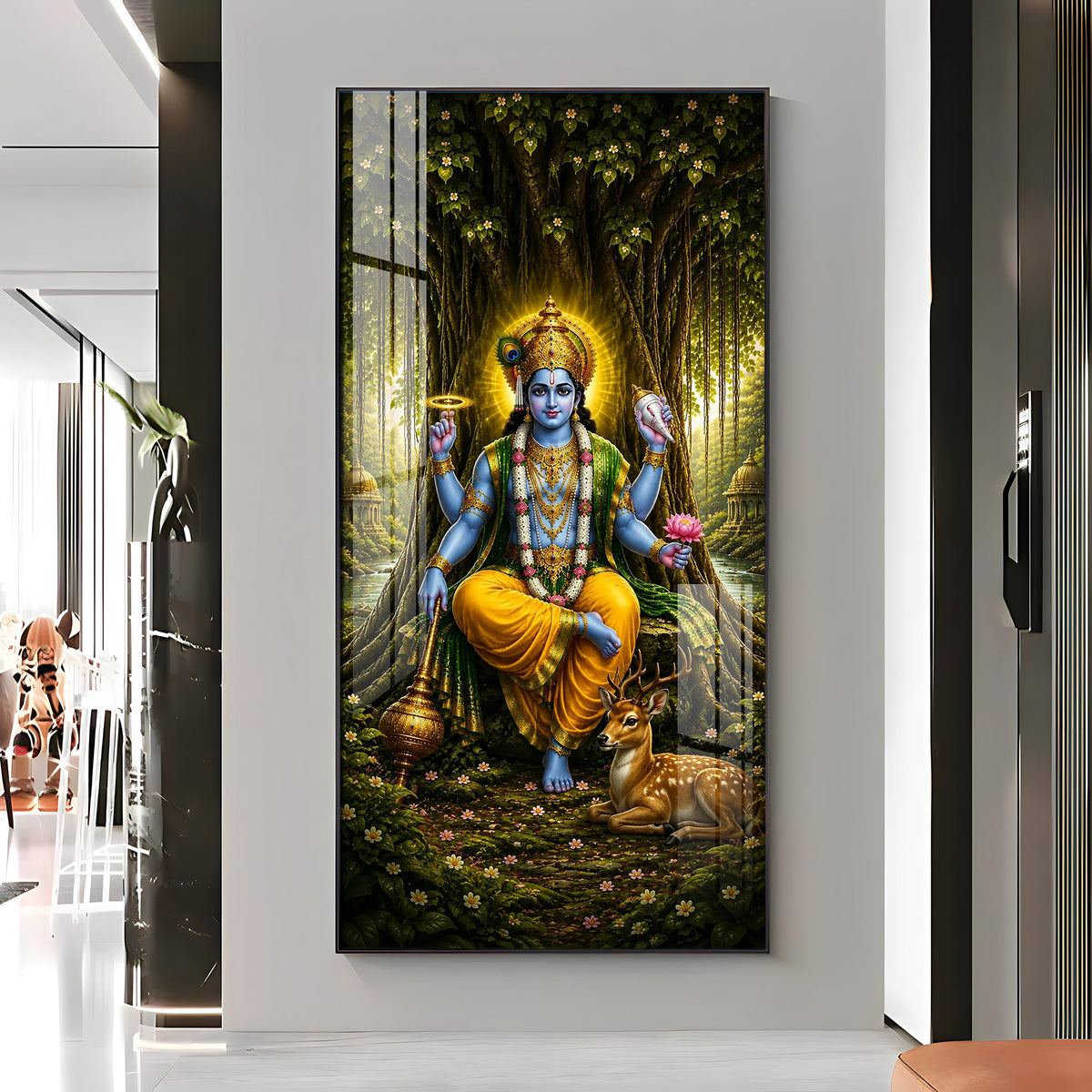 Divine Lord Vishnu In Forest Premium Acrylic Vertical Wall Art