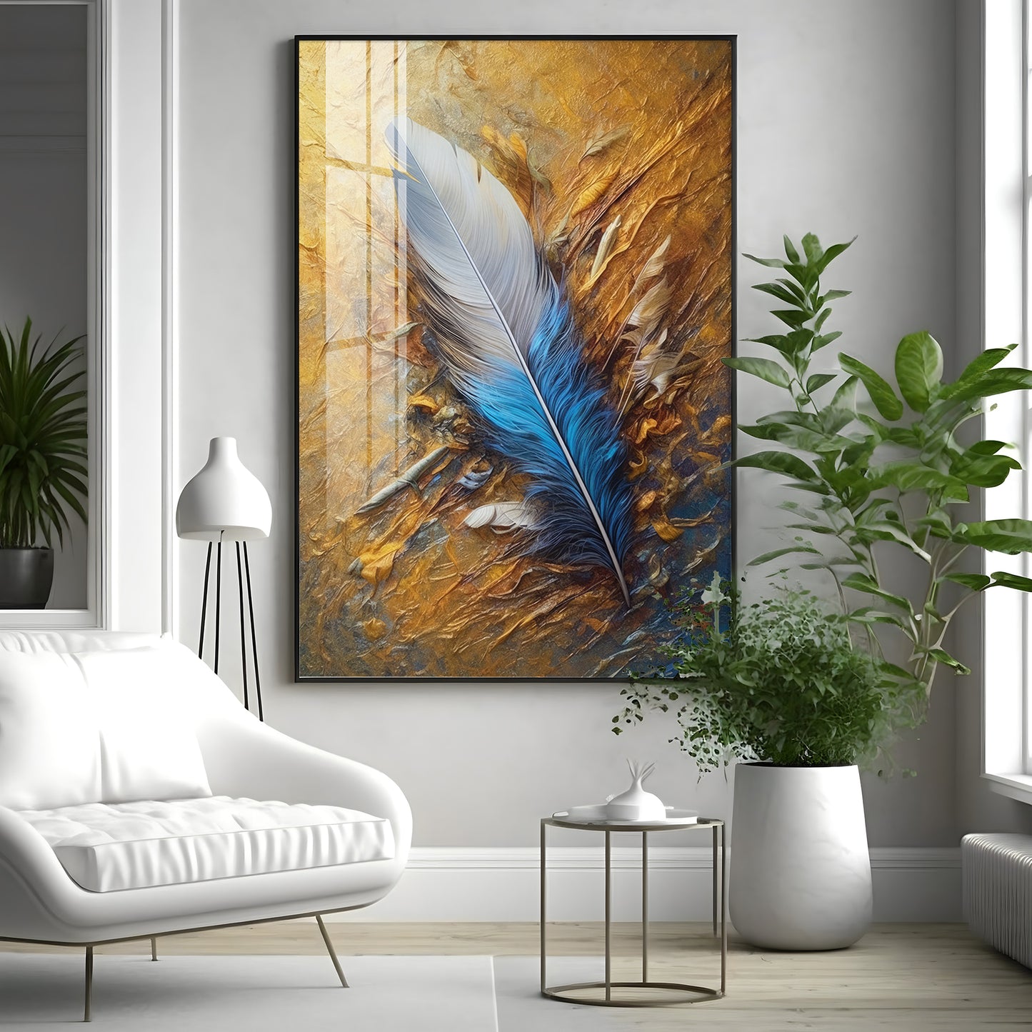 White & Blue Grace Of Leaf Premium Acrylic Vertical Wall Art