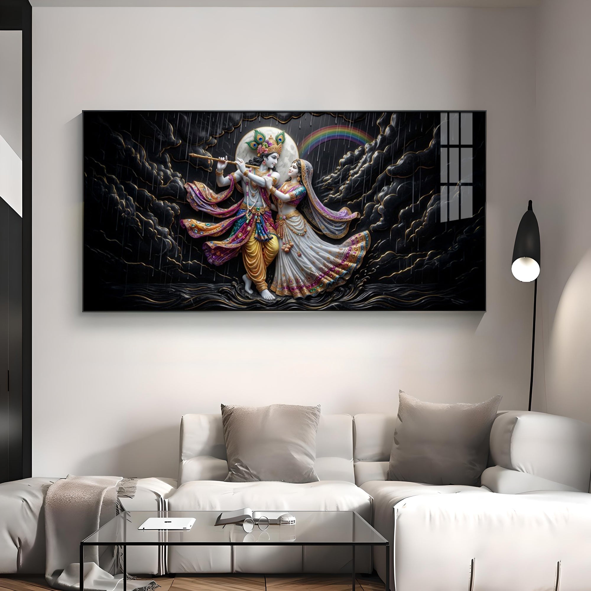 Radha Krishna High Contrast Black Backdrop Premium Acrylic Horizontal Wall Art