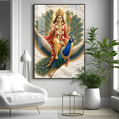 Lord Murugan With Peacock & Vel Premium Acrylic Vertical Wall Art