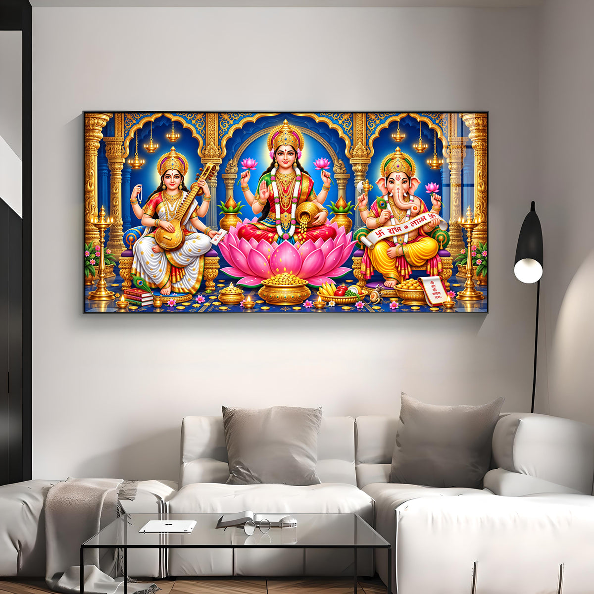 Maa Lakshmi, Saraswati & Ganesha Premium Acrylic Horizontal Wall Art