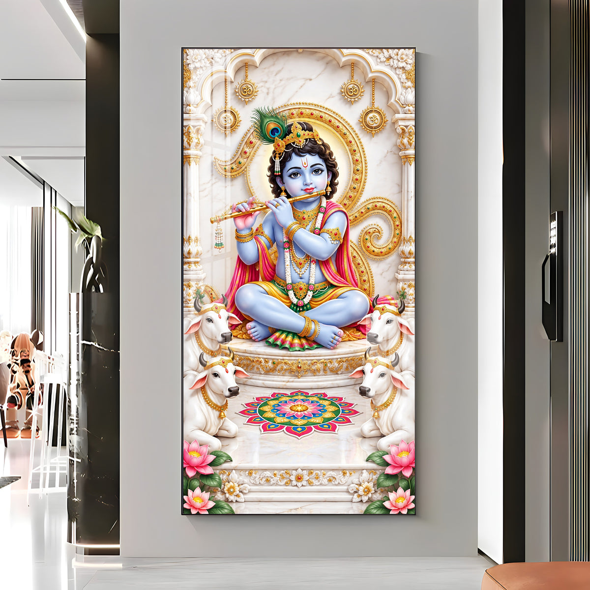 Krishna With White Cows Premium Acrylic Vertical Wall Art