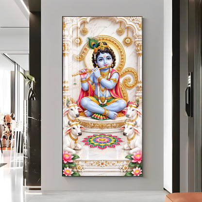 Krishna With White Cows Premium Acrylic Vertical Wall Art