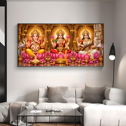 Lord Ganesha, Goddess Lakshmi & Goddess Saraswati Premium Acrylic Horizontal Wall Art