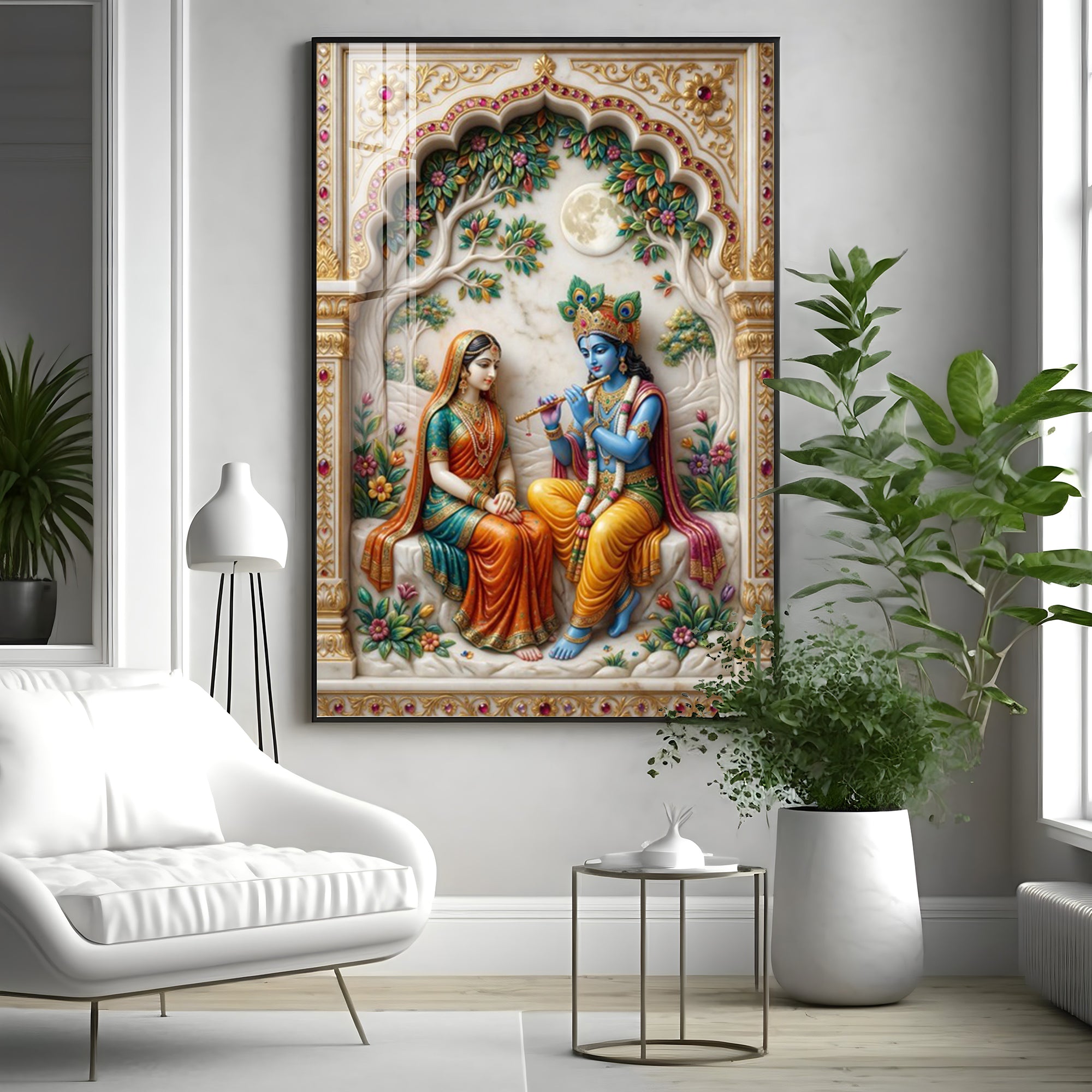 Depiction Of Krishna With Radha Premium Acrylic Vertical Wall Art
