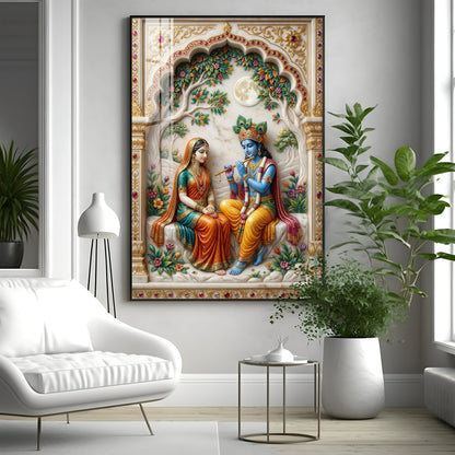 Depiction Of Krishna With Radha Premium Acrylic Vertical Wall Art