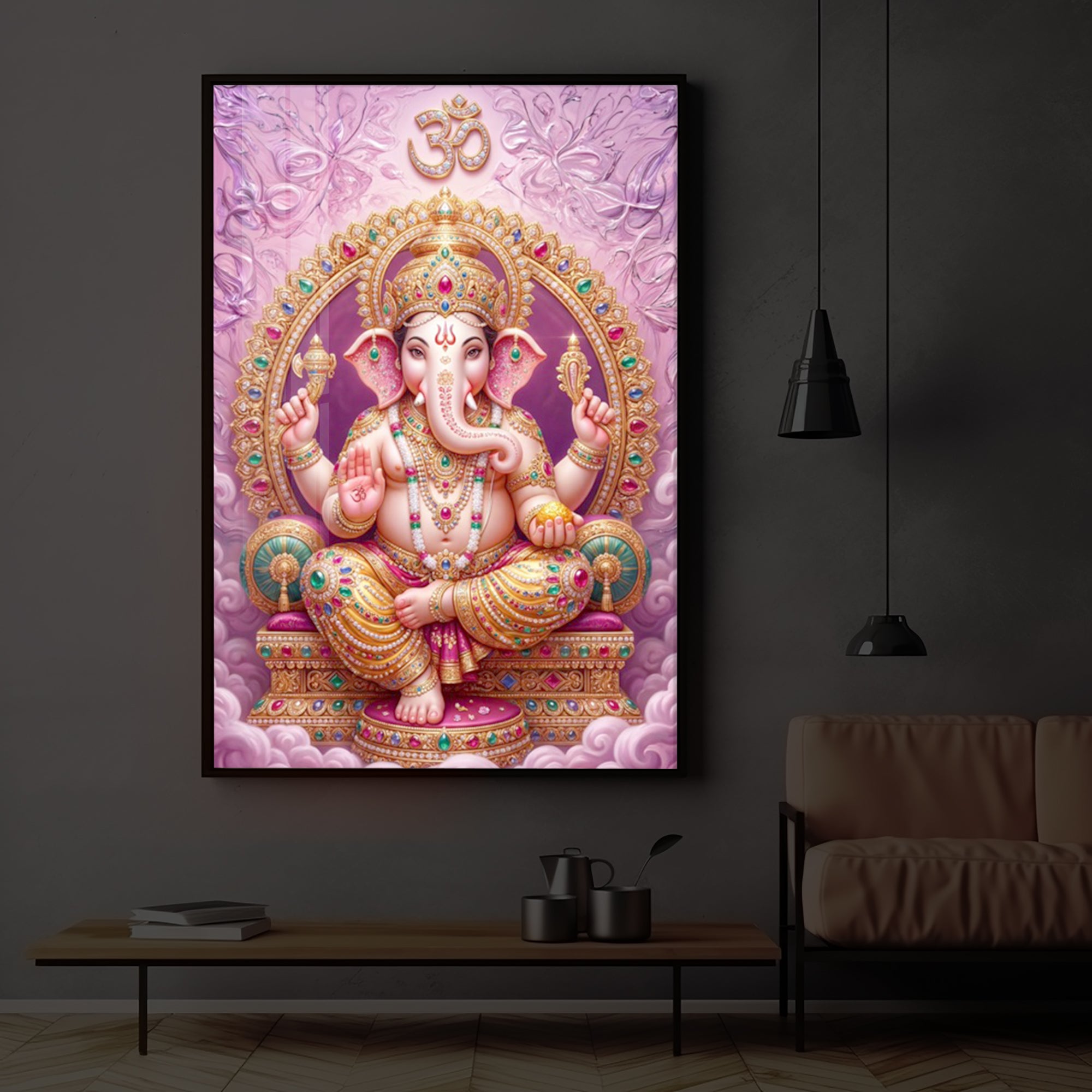Vakratunda Mahakaya Ganesh Ji Modern Luxury Backlight Vertical Wall Art