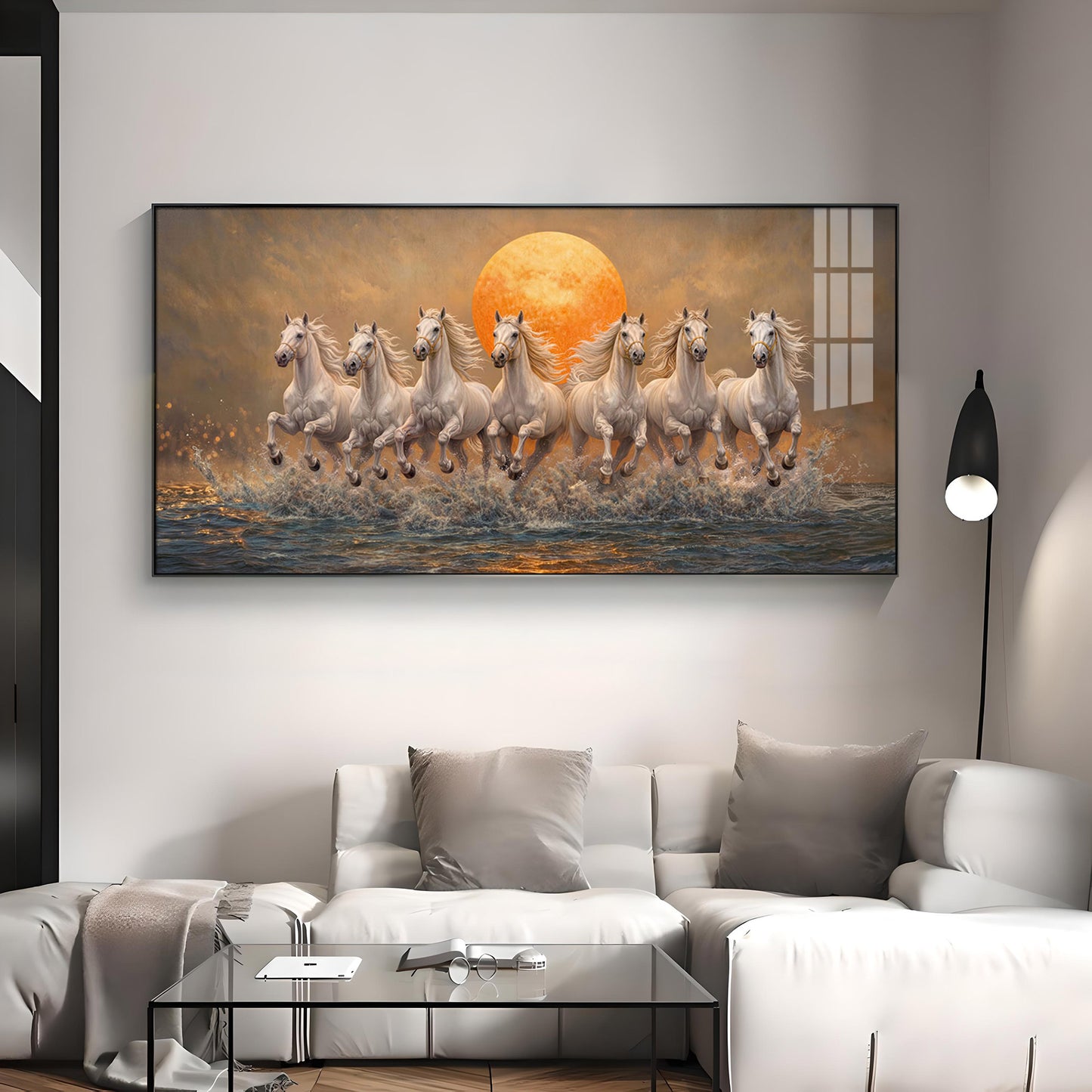 Majestic White Horses With Warm Sun Premium Acrylic Horizontal Wall Art