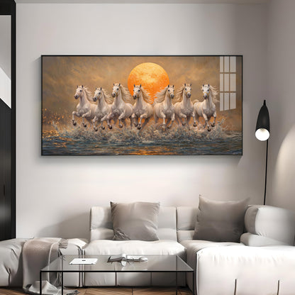 Majestic White Horses With Warm Sun Premium Acrylic Horizontal Wall Art