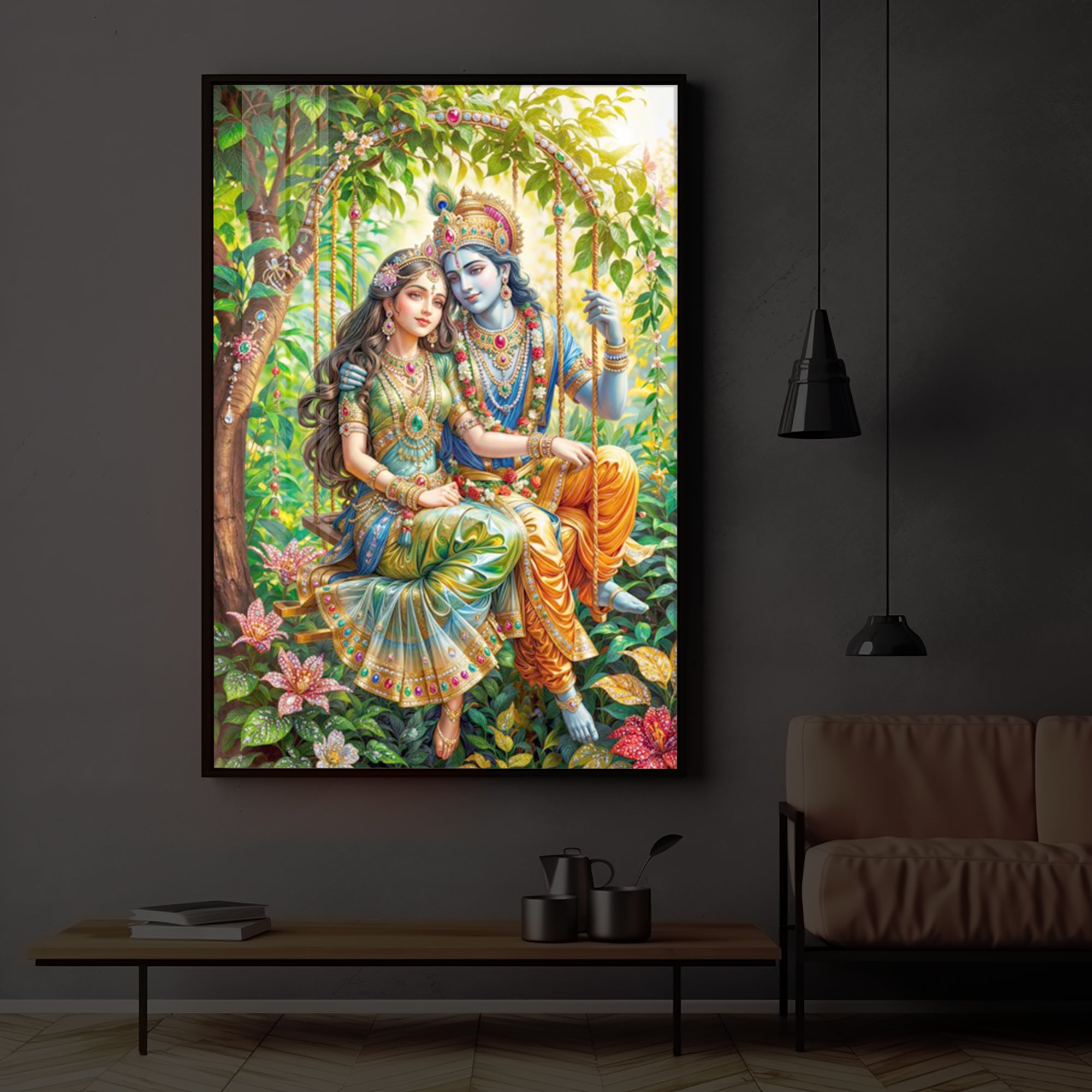 Radha Krishna Modern Luxury Backlight Vertical Wall Art