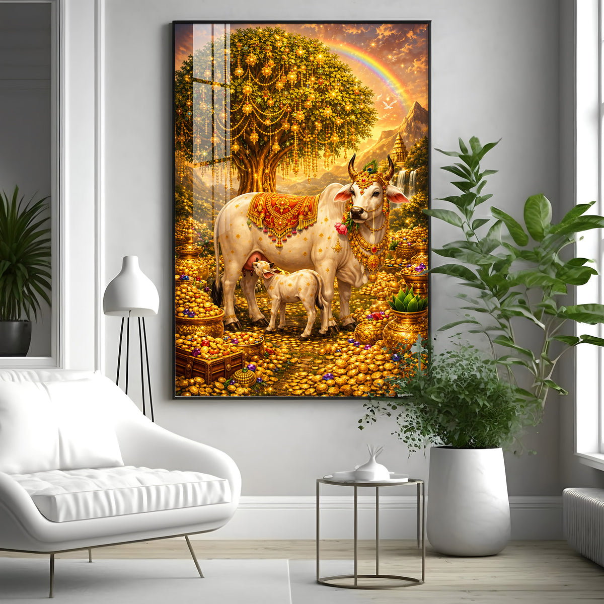 Golden Kamadhenu Wish-Fulfilling Cow Premium Acrylic Vertical Wall Art