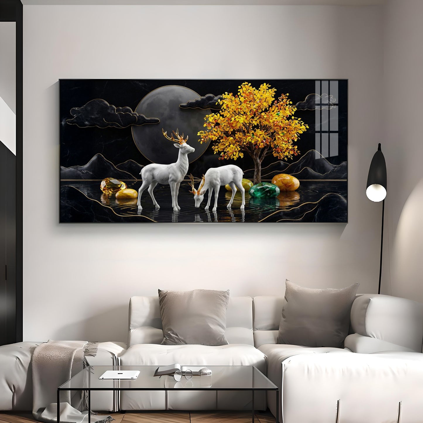 White Deer With Golden Horns Premium Acrylic Horizontal Wall Art