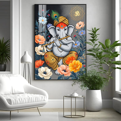 Lord Ganesha Playing Flute Premium Acrylic Vertical Wall Art
