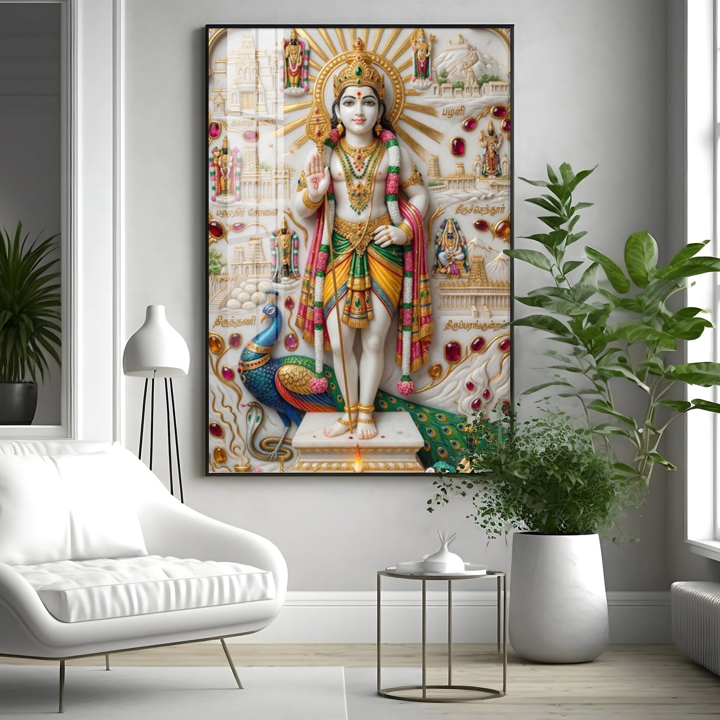 Lord Kartikeya With Peacock Premium Acrylic Vertical Wall Art