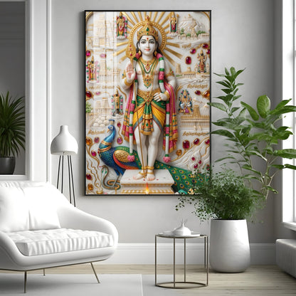 Lord Kartikeya With Peacock Premium Acrylic Vertical Wall Art
