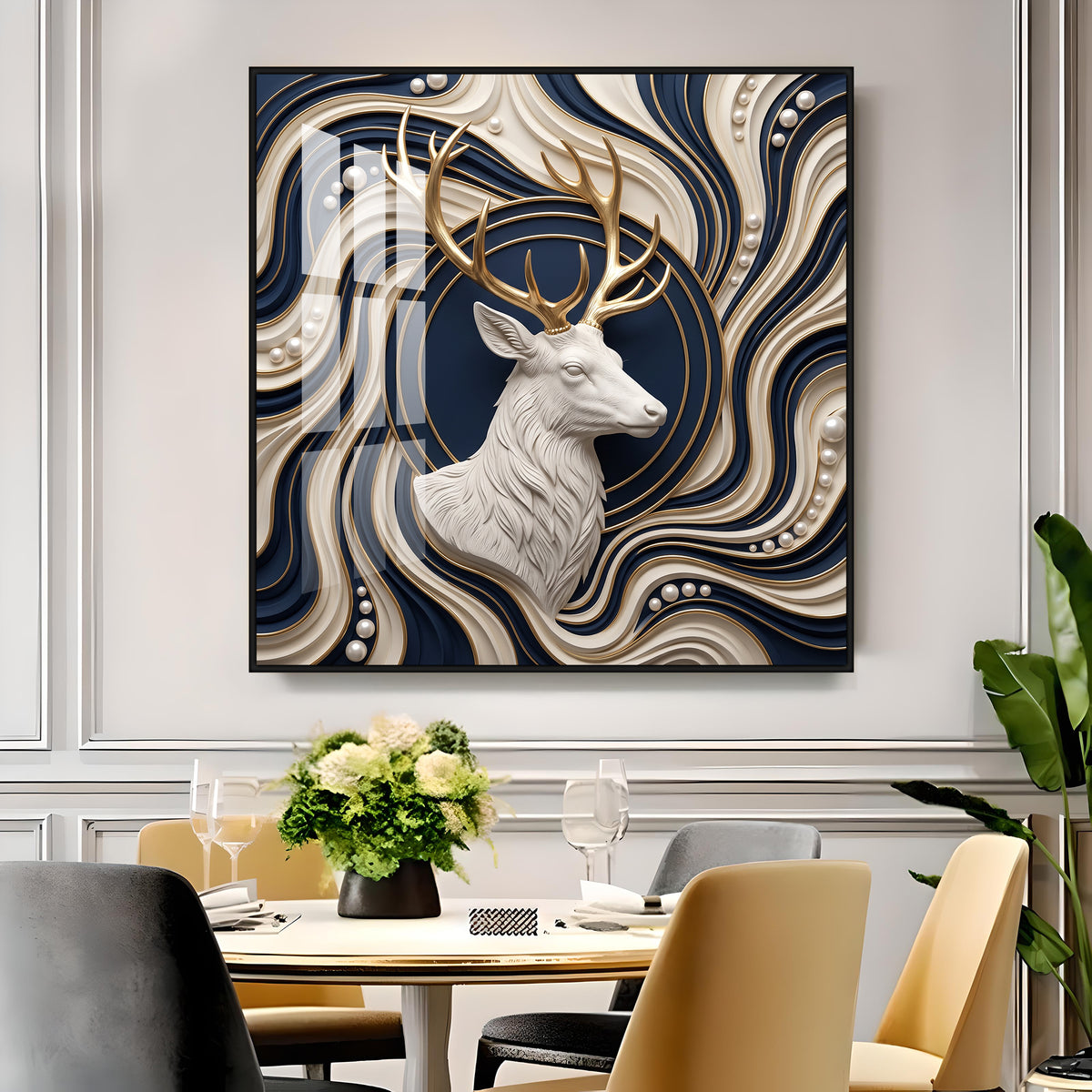 White Stag With Golden Antlers Luxury 3D Premium Acrylic Sqaure Wall Art