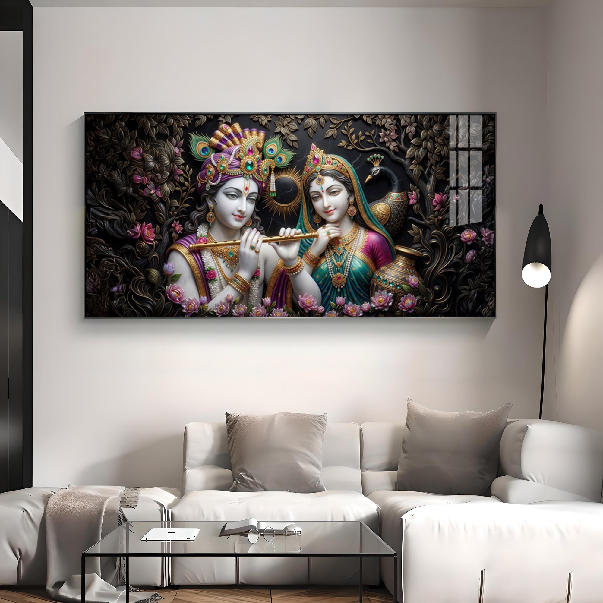 Goddess Radha Krishna With Flute Premium Acrylic Horizontal Wall Art