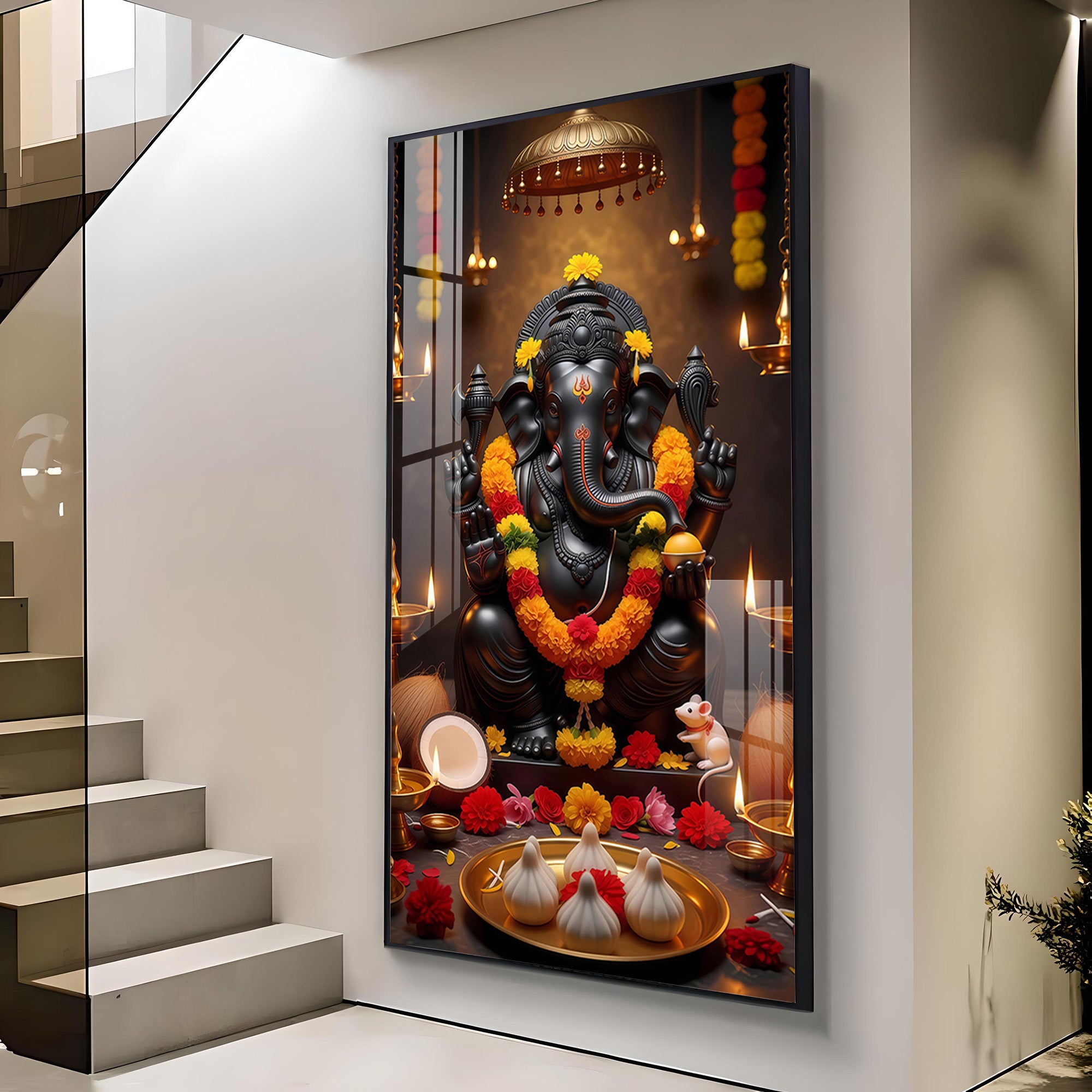 Shri Ganesh Ji Modern Luxury Backlight Vertical Wall Art