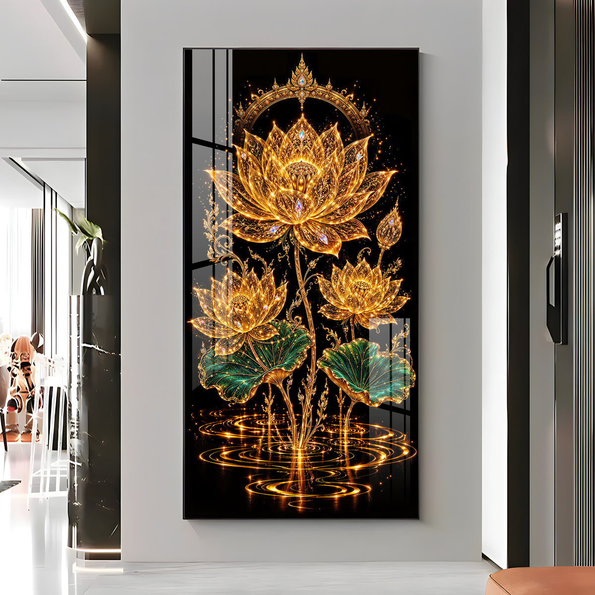 Sacred Golden Lotus Bloom Premium Acrylic Vertical Wall Art