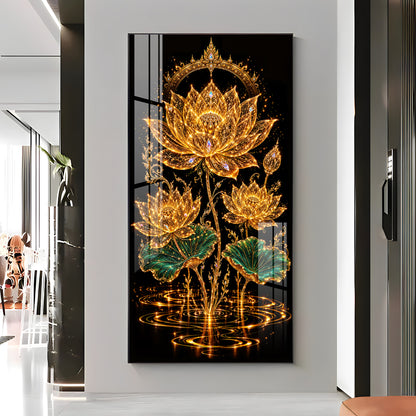 Sacred Golden Lotus Bloom Premium Acrylic Vertical Wall Art