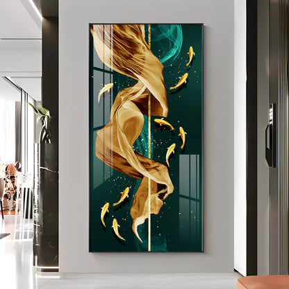 Fish & Flowing Gold Layer Premium Acrylic Vertical Wall Art