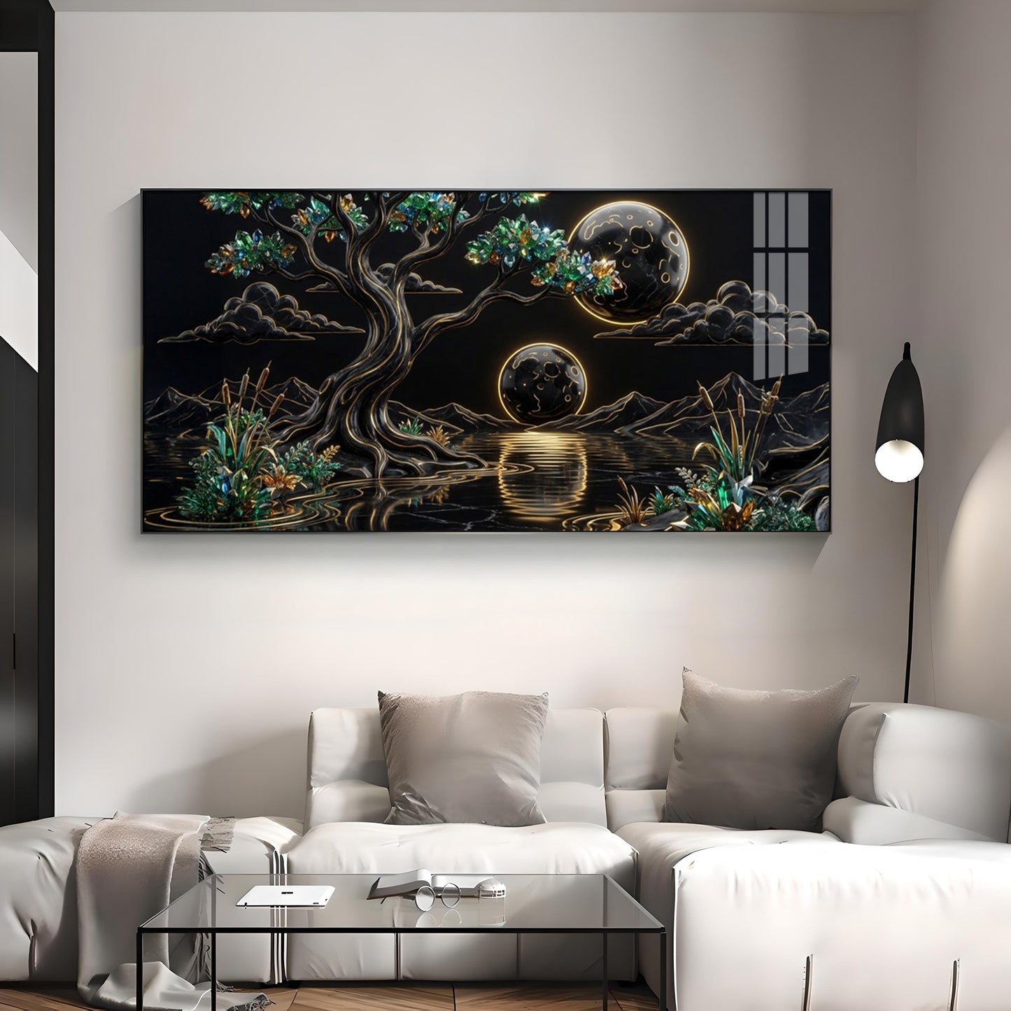 Tree & Sacred Mountains With Black & Gold Premium Acrylic Horizontal Wall Art