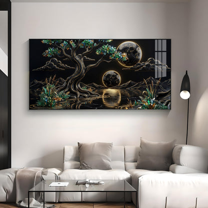 Tree & Sacred Mountains With Black & Gold Premium Acrylic Horizontal Wall Art