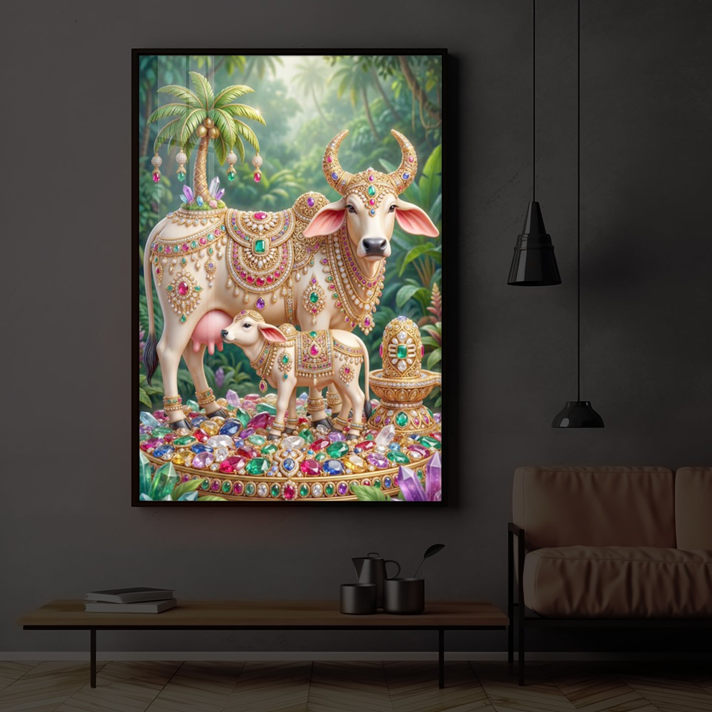 Kamadhenu Cow With Shiv Ji Modern Luxury Backlight Vertical Wall Art