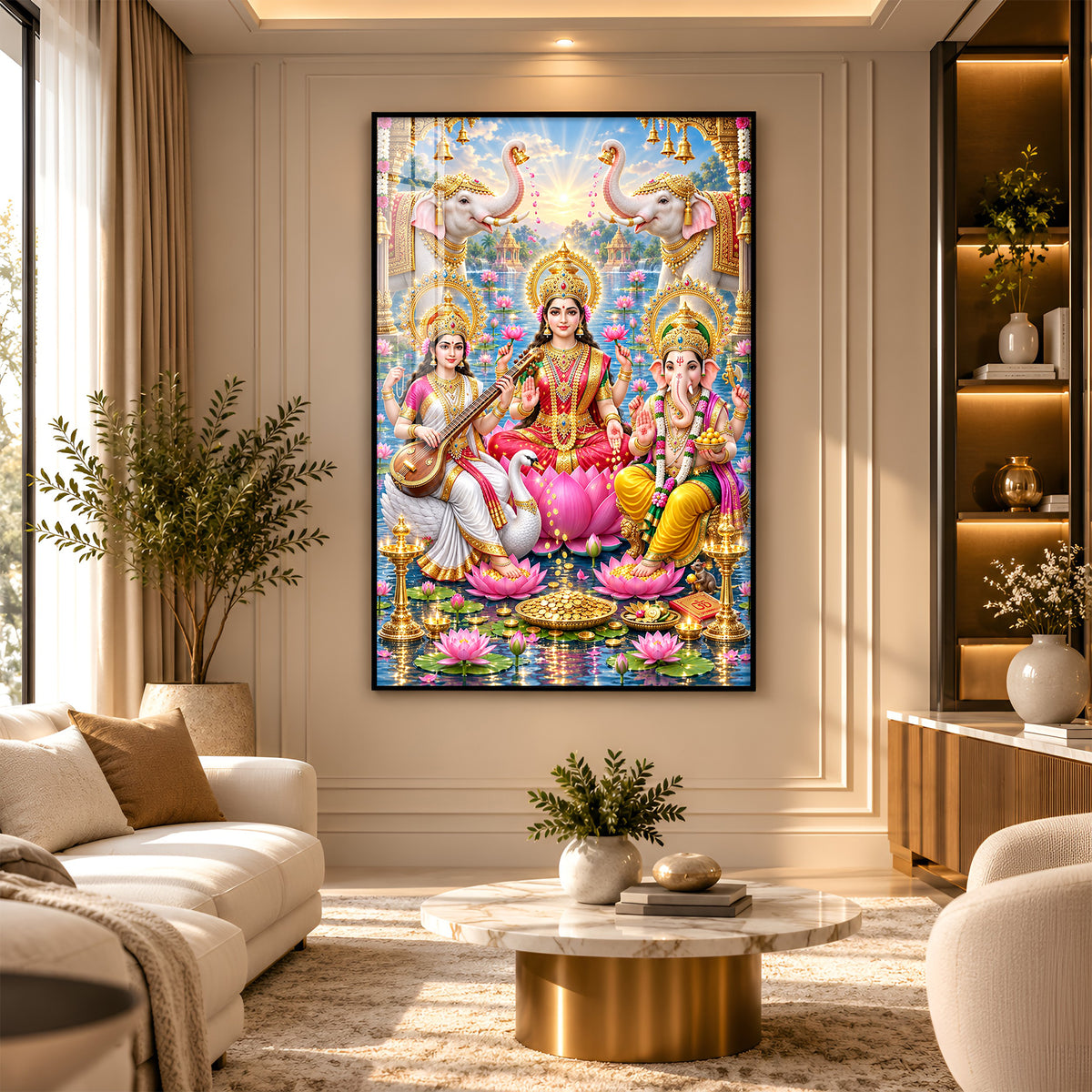 Lord Ganesh, Maa Laxmi & Maa Saraswati Premium Acrylic Vertical Wall Art