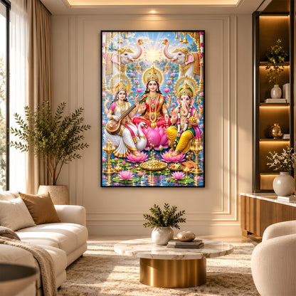 Lord Ganesh, Maa Laxmi & Maa Saraswati Premium Acrylic Vertical Wall Art