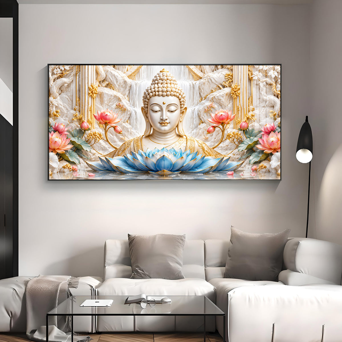 Buddha With Blue Lotus Premium Acrylic Horizontal Wall Art