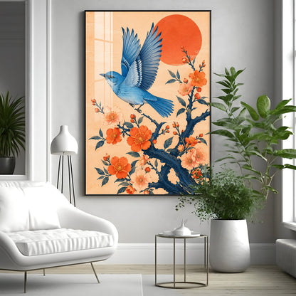 Flying Bluebird & Orange Blossoms Premium Acrylic Vertical Wall Art