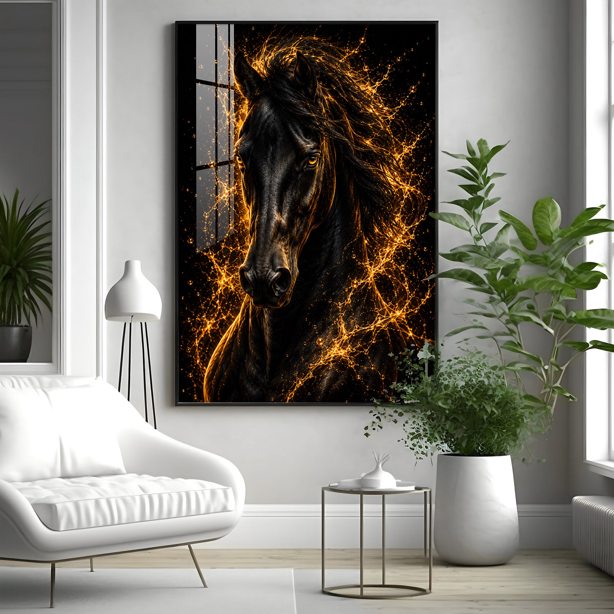 Fiery Golden Black Stallion Premium Acrylic Vertical Wall Art