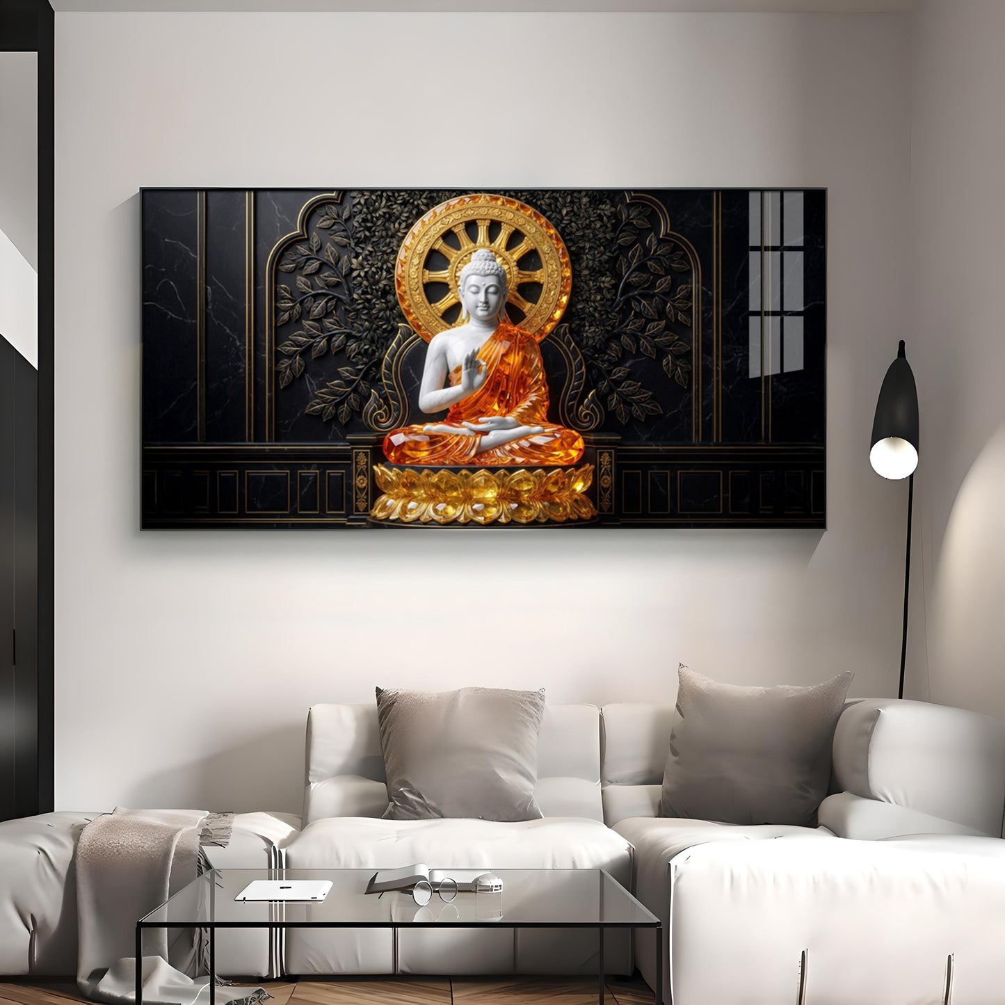 Buddha Meditating Gold & White Premium Acrylic Horizontal Wall Art