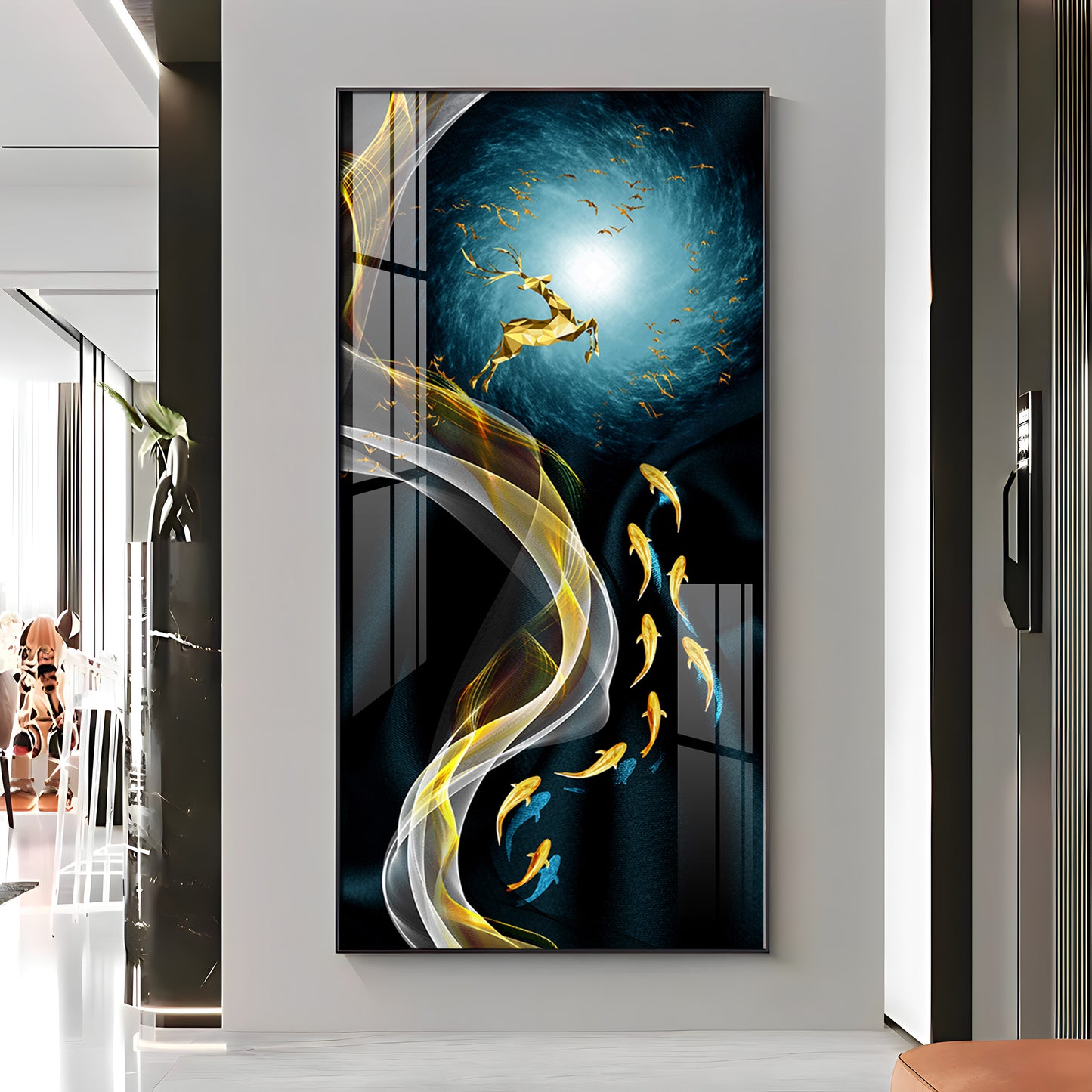 Golden Deer & Fish Premium Acrylic Vertical Wall Art