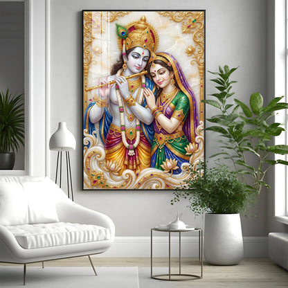 Hindu Deitie Krishna With Radha Premium Acrylic Vertical Wall Art