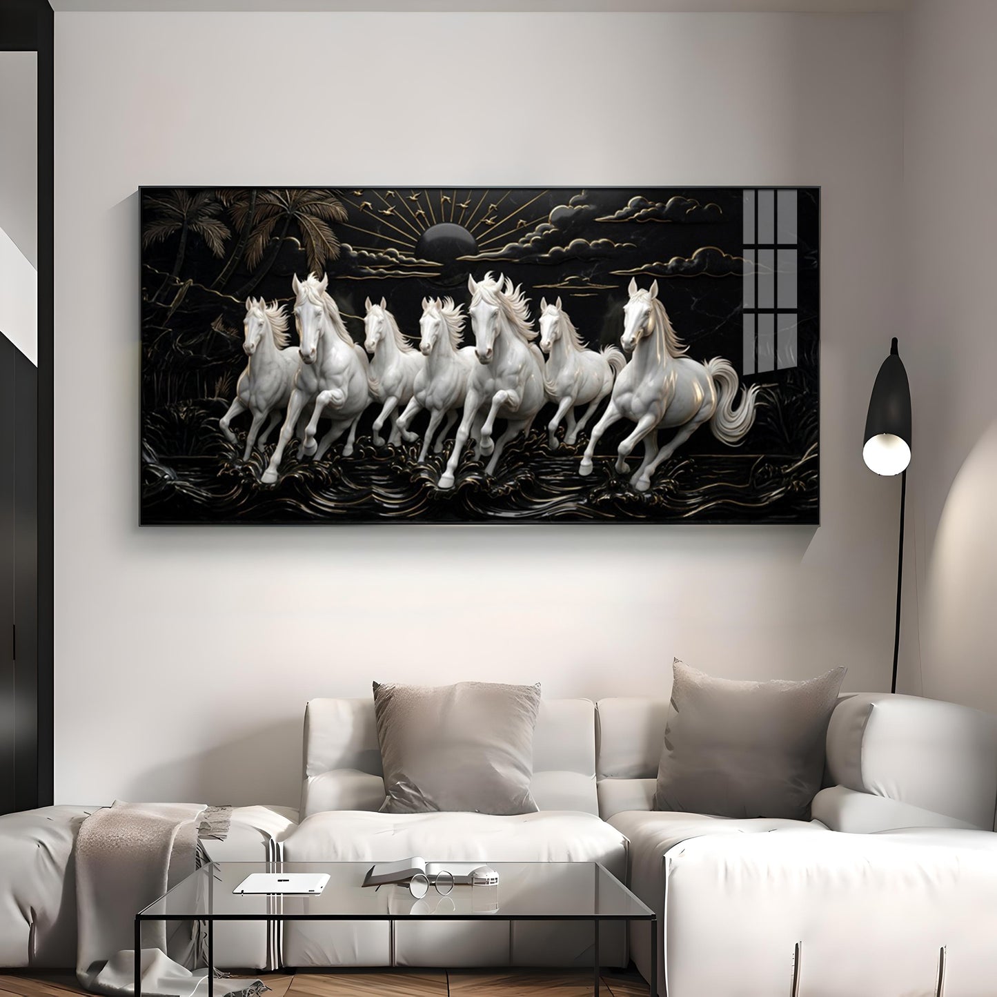 Seven Running Vastu Lucky Horses Premium Acrylic Vertical Wall Art