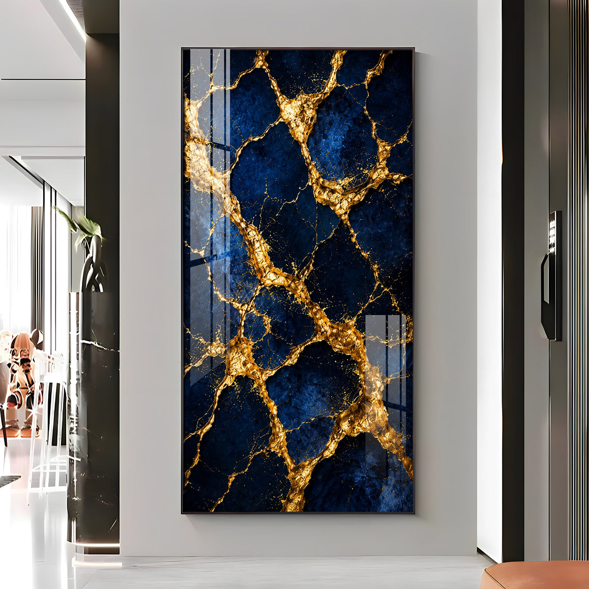 Luxurious Blue & Gold Cracked Marble Premium Acrylic Vertical Wall Art
