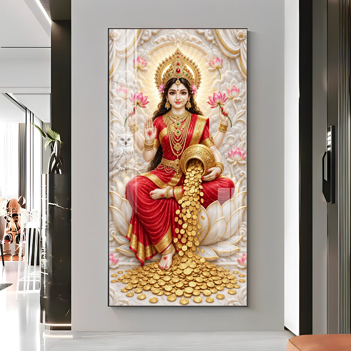 Goddess Laxmi With Gold Coins Premium Acrylic Vertical Wall Art