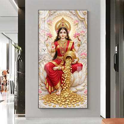Goddess Laxmi With Gold Coins Premium Acrylic Vertical Wall Art