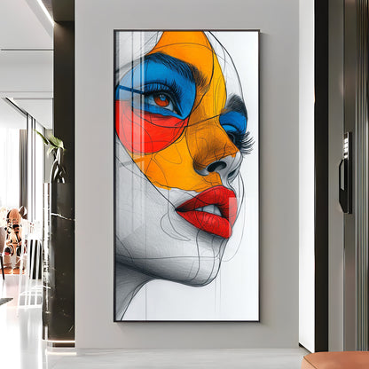 Vibrant Geometric Mask Girl Premium Acrylic Vertical Wall Art