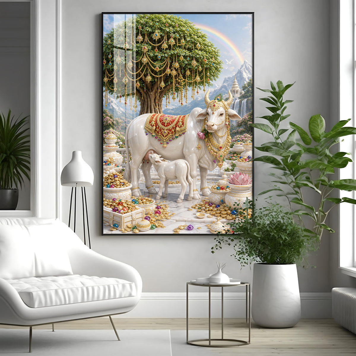 Divine Wish Fulfilling Tree & Kamadhenu Premium Acrylic Vertical Wall Art